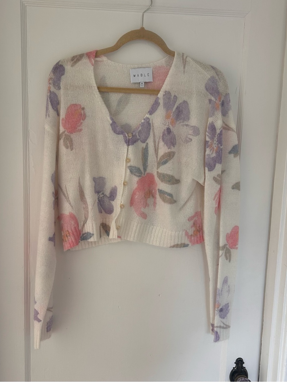 MARBLE Cream Floral Cropped Cardigan with Pink and Lavender Flowers